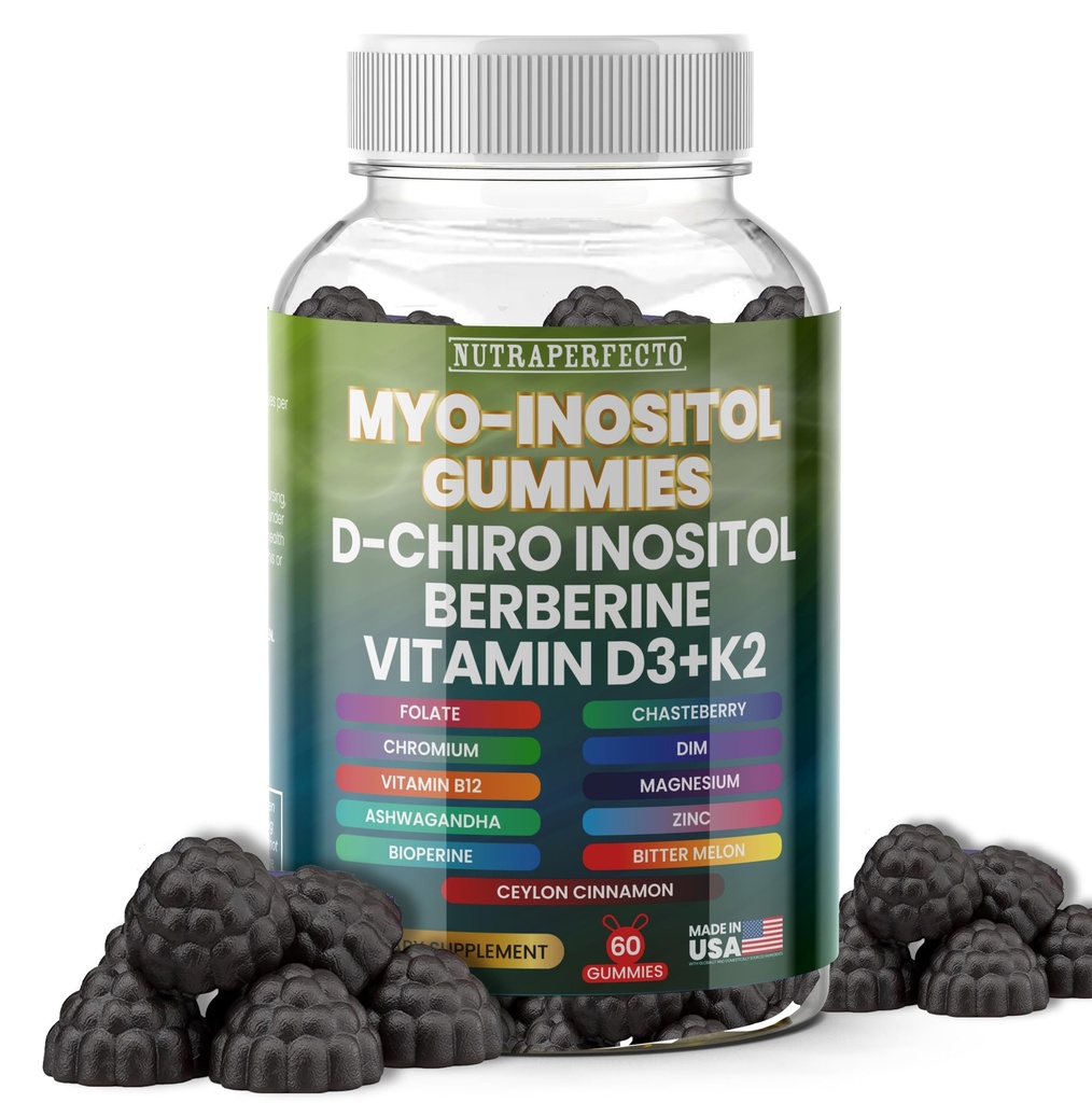Zucchero Myo-Inositol & D-Chiro Inositol Gummies per le donne, Berberina Vitamin D3 K2 DIM Magnesium Glycinate Oxide L-Methylfolate Supplemento per le donne, fertilità, equilibrio ormone, PMS, salute ovarica