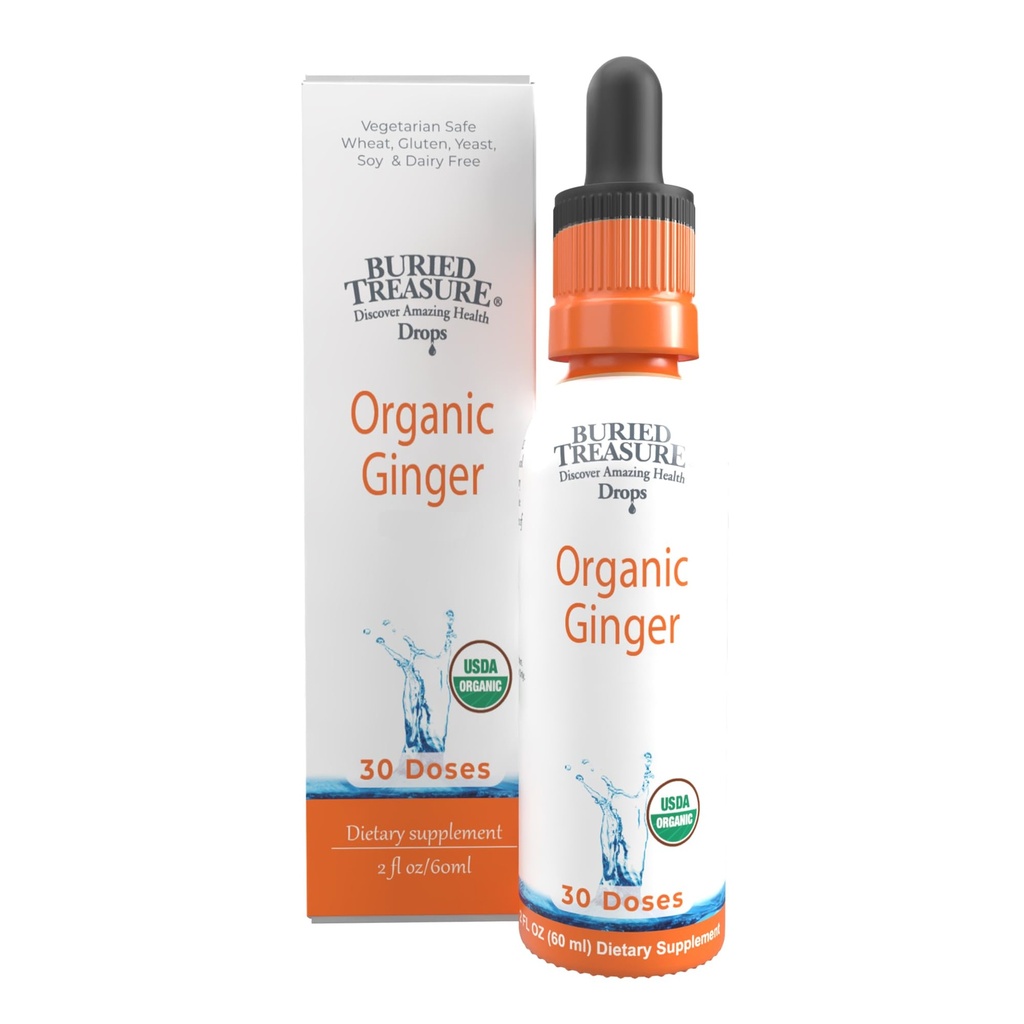 Buried Treasure Ginger Drops - Realizzato con radice di zenzero organico per il supporto digestivo, Upset Stomach Settle Drops, No Sugar, Alcohol Free, Versatile Usa per il tè di zenzero o il consumo diretto, 30 Servings