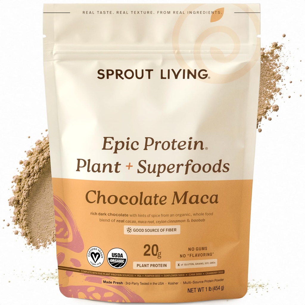 Sprout Living Epic Protein, Plant Based Protein & Superfoods Powder, Chocolate Maca Powder | 20 Grams Organic Protein Powder, Vegan, Non Dairy, Non OGM, Gluten Free, Low Sugar (1 Pound, 12 Servings)
