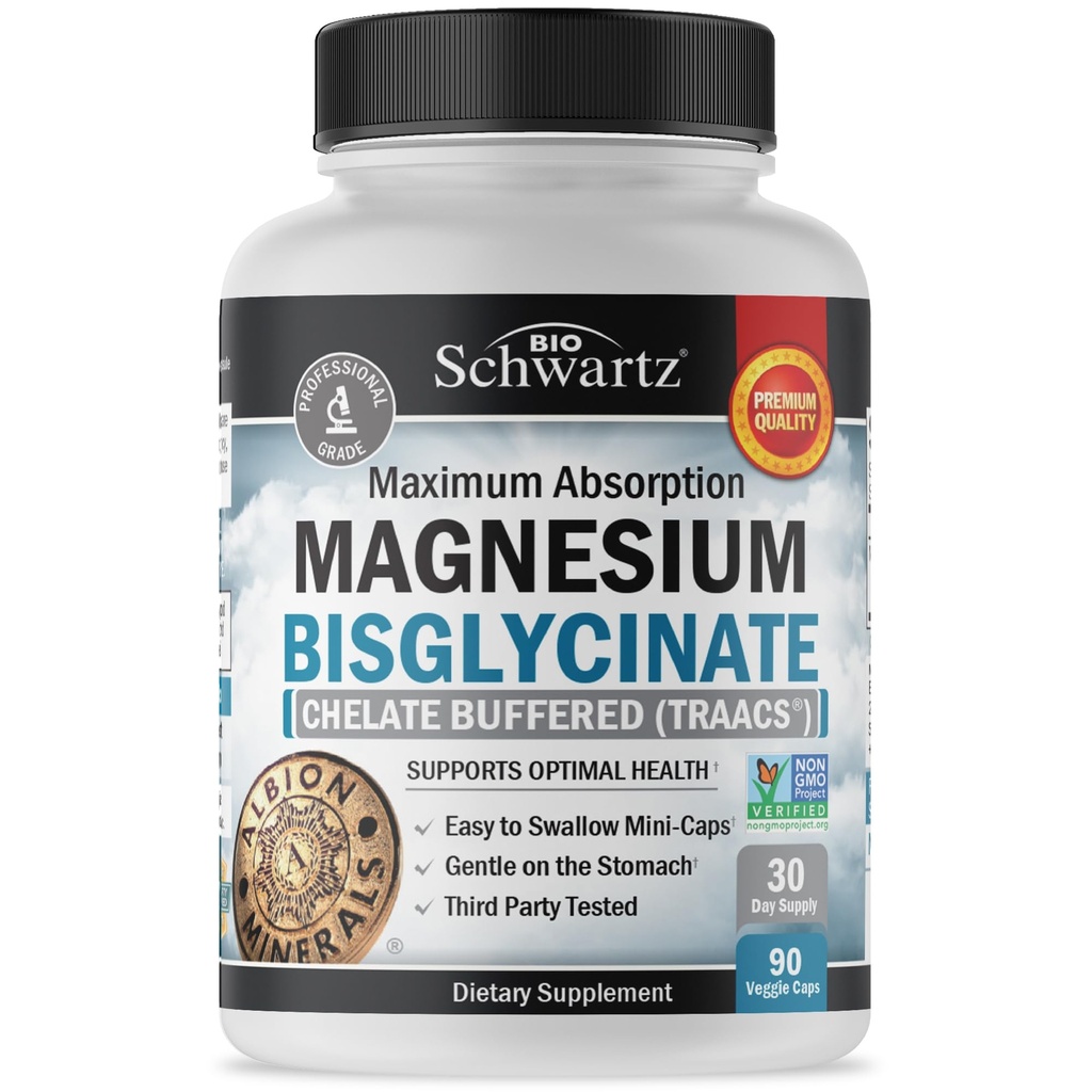 Magnesio Bisglycinate 100% Chelate No-Lassativo Effetto - Assorbimento massimo & Biodisponibilità, Completamente Reagito & Buffered - Sano Energy Muscle Bone & Joint Support - Progetto Non OGM Verified - 90 ct