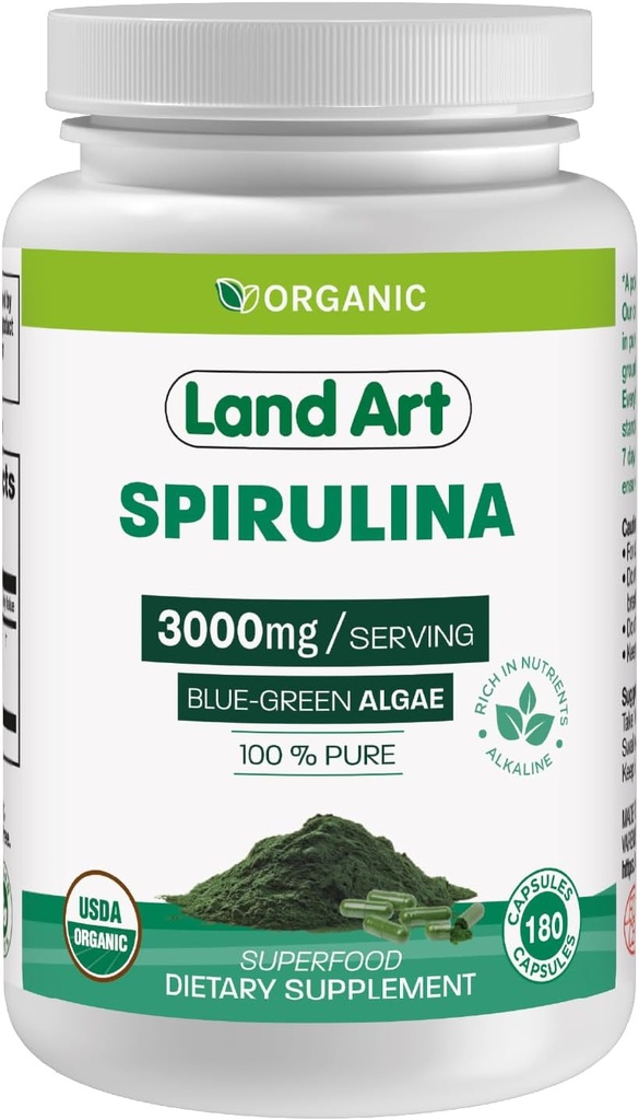 Spirulina Organica certificata Land Art - 180 Capsule - Superfood- Ricco di Minerali, Vitamine e Proteine - Vegan