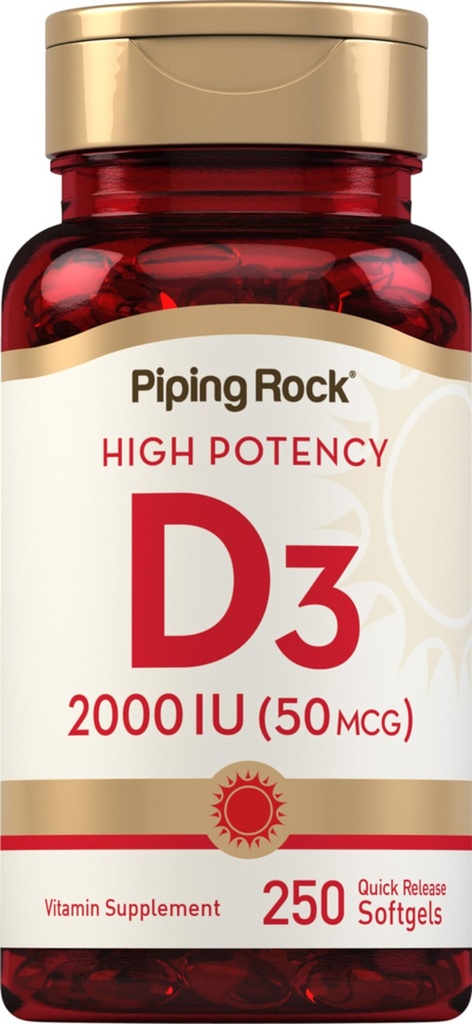 Piping Rock Vitamin D3 2000 IU | 250 Softgels | Alta potenza | Cholecalciferol Supplemento | Non-GMO, Gluten Free