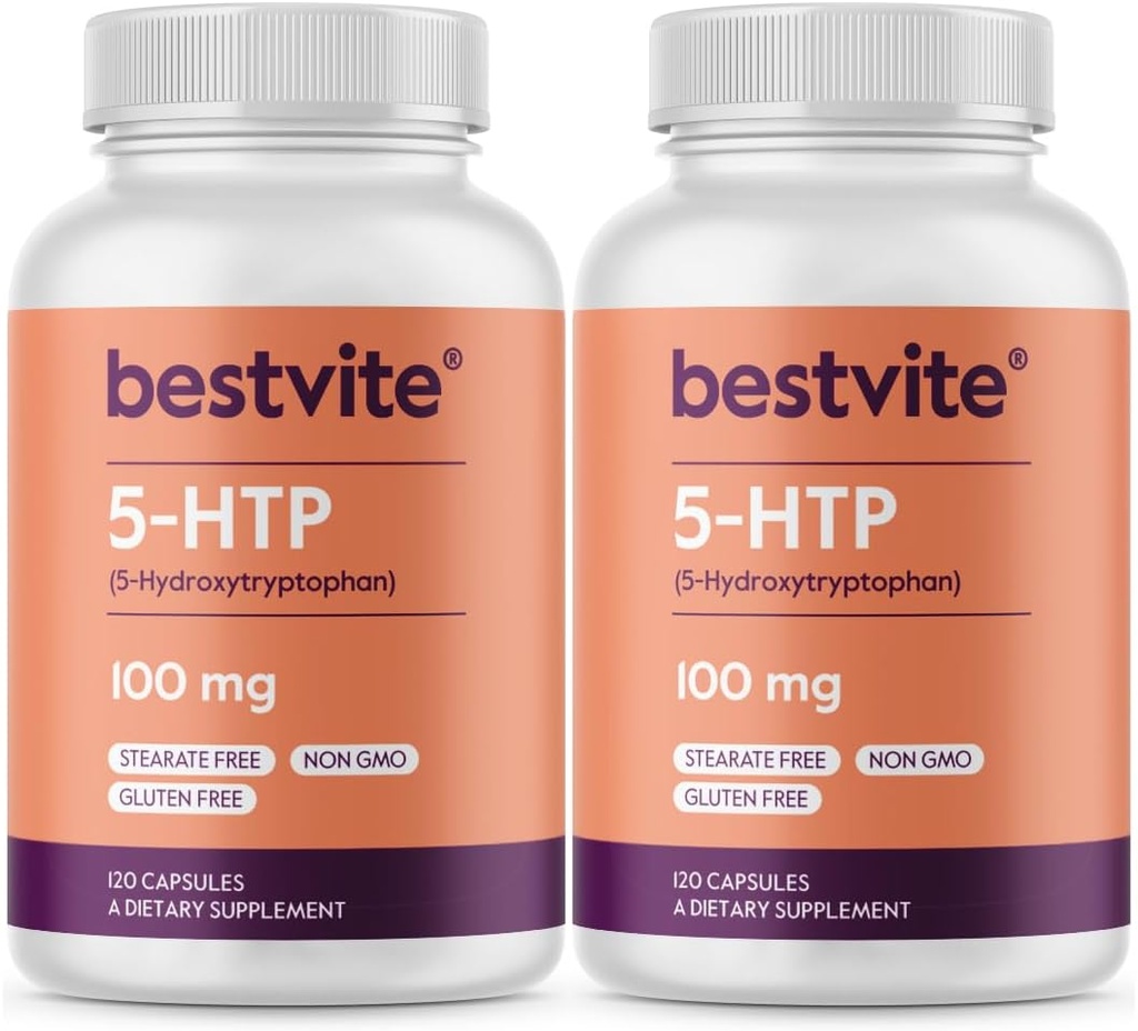 BESTVITE 5-HTP 100mg (240 capsule) (120 x 2) - No Stearates - Nessun agente di flusso - Non OGM - Gluten Free