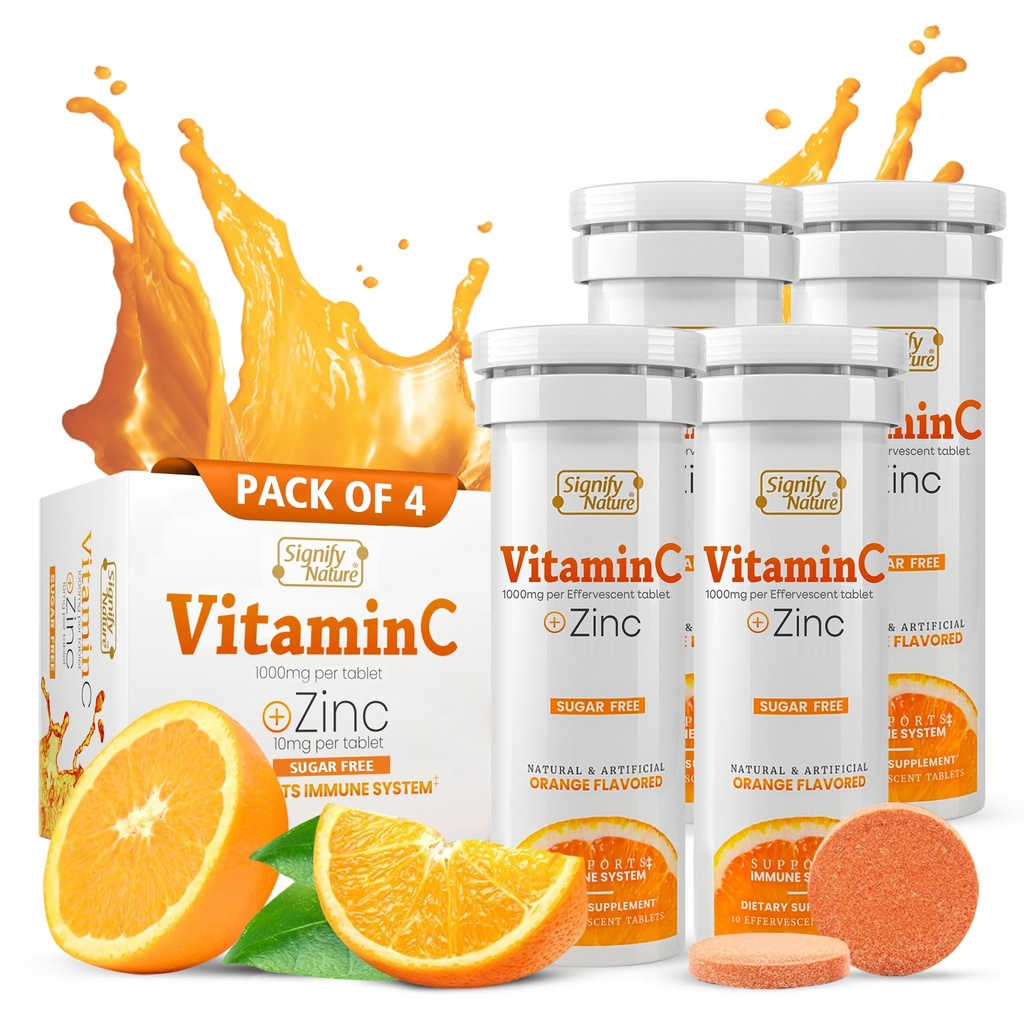 SIGNIFY NATURE Vitamina C 1000mg Effervescent Tablets - Potente supporto immunitario VIT C con supplemento di zinco - Zucchero-Free & Vegan Formula | Compresse di vitamina C dissolvibili - Elisir cresposo in acqua - 40CT