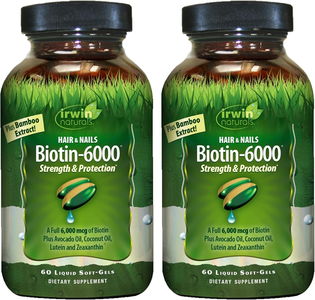 Irwin Naturals Biotin-6000-60 Liquid Soft-Gels, Confezione da 2 - Supporta la resistenza e la protezione per capelli e unghie - con Olio di Avocado, Olio di cocco, Lutein & Zeaxanthin - 60 Total Servings