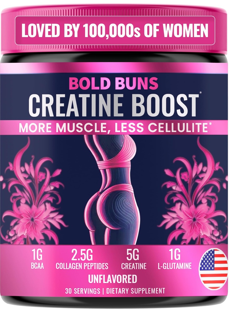 Bold Buns Creatina per le donne – Supplemento Booty Builder con Collagen & BCAA – Supporta lo sviluppo del muscolo, il recupero post-allenamento, elasticità della pelle, capelli sani e unghie | non aromatizzati – 30 Serve