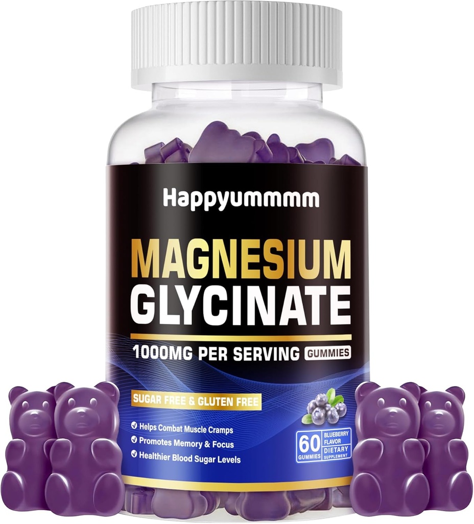 Magnesio Glycinate Gummies 1000mg - Zucchero Gratuito Magnesio Potassio Supplemento con Vitamina D, B6, CoQ10 per Calma Mood & Sleep Support - 60 Blueberry Gummies