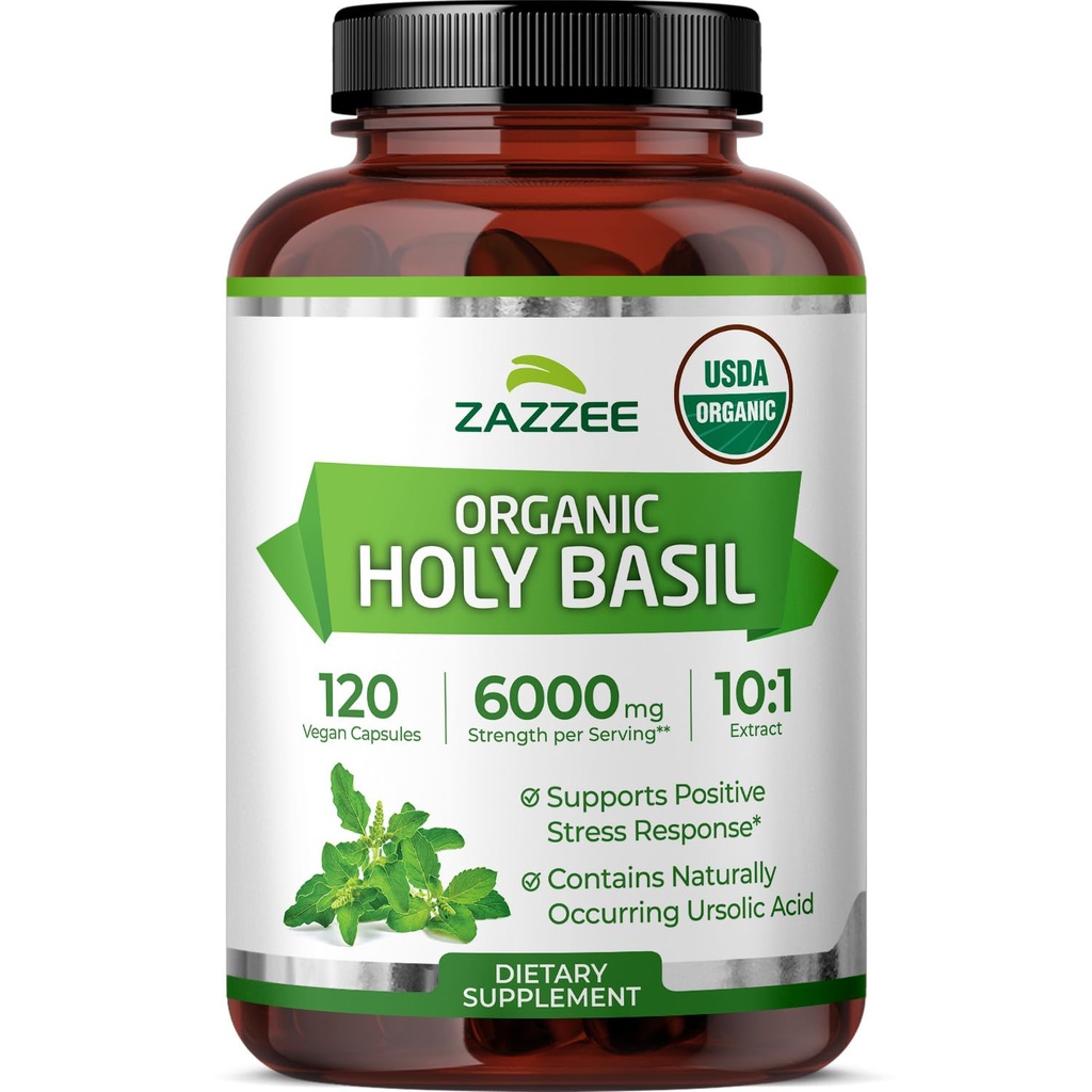 Zazzee USDA Organic Holy Basil 10:1 Extract, 6000 mg di resistenza, 120 capsule vegane, concentrato e standardizzato 10X Tulsi Extract, acido ursolico, 100% certificata organica, non OGM