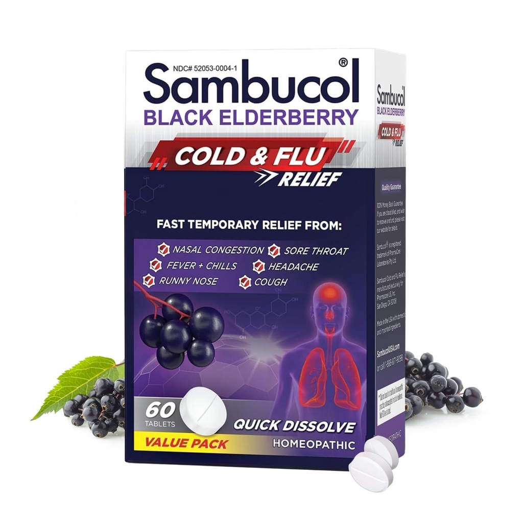 Sambucol Cold and Flu Relief Tablets - Medicina Fredda Omeopatica, Rimedio Freddo per Adulti, Black Elderberry per Freddi, Zinc Cold Remedy - 60 Count