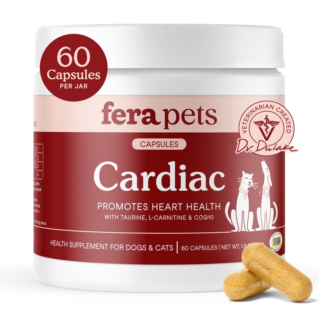 Fera Pets Cardiac Support - Cat & Dog Heart Supplement con Taurina, L-Carnitina, & CoQ10 - Promuove la Circolazione Normale e Heartbeat - 60 capsule
