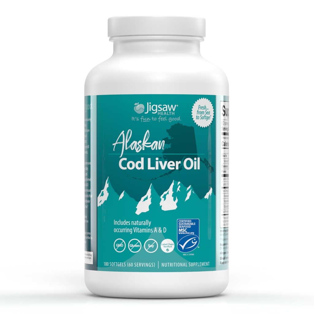 Jigsaw Health Alaskan Cod Liver Oil | 900 mg Omega-3 con EPA, DHA e DPA | Include naturalmente le vitamine A & D | 180 Softgels | 60 Servings