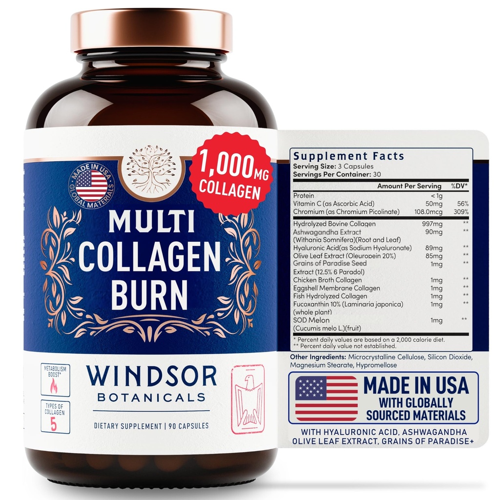Termogenico Multi Collagen Burn Capsule - Idrolizzato Multi Collagen Complex Tipi I, II, III, V, X, Collage marino, Acido ialuronico - Beauty and Anti-Aging Supplement for Women and Men - 90 Pills