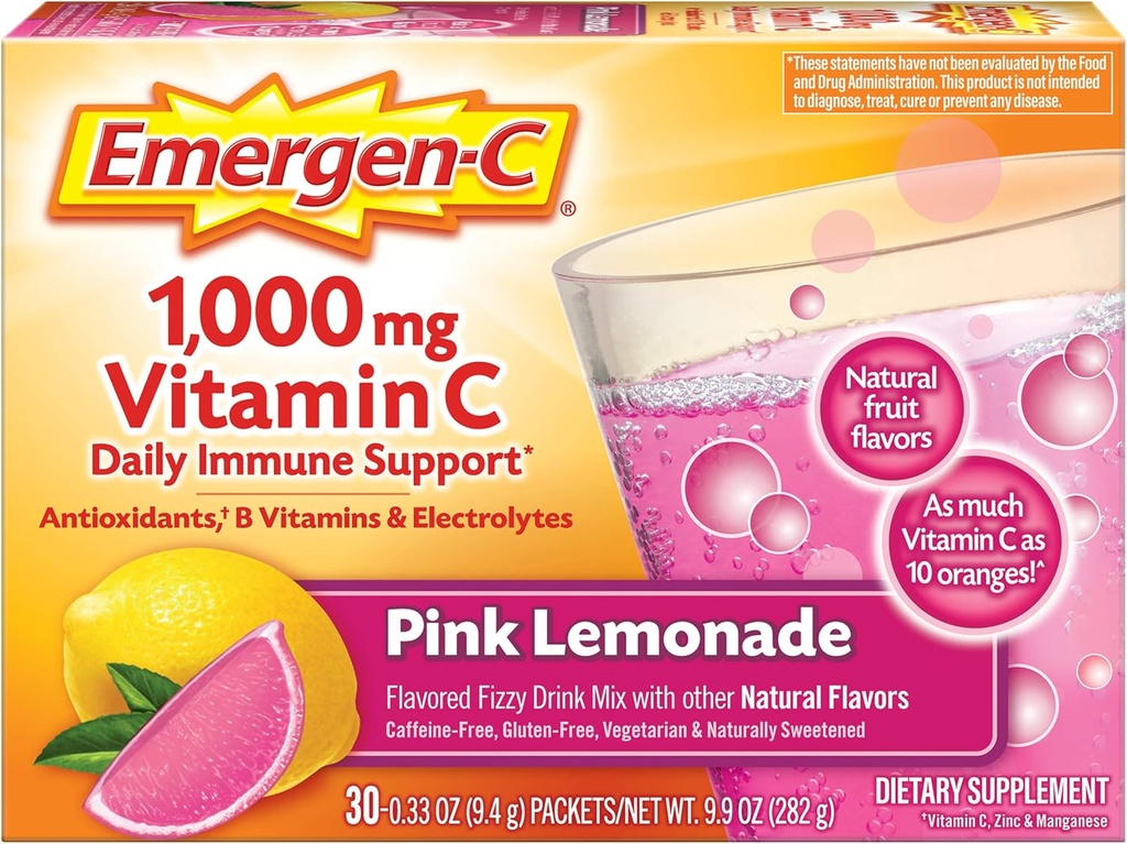 Polvere di vitamina C di Emergen-C 1000mg, con antiossidanti, vitamine e elettroliti B, integratori di immunità per il supporto immunitario, miscela di bevande senza caffeina, aroma di limonata rosa - 30 conteggio (confezione di 12)