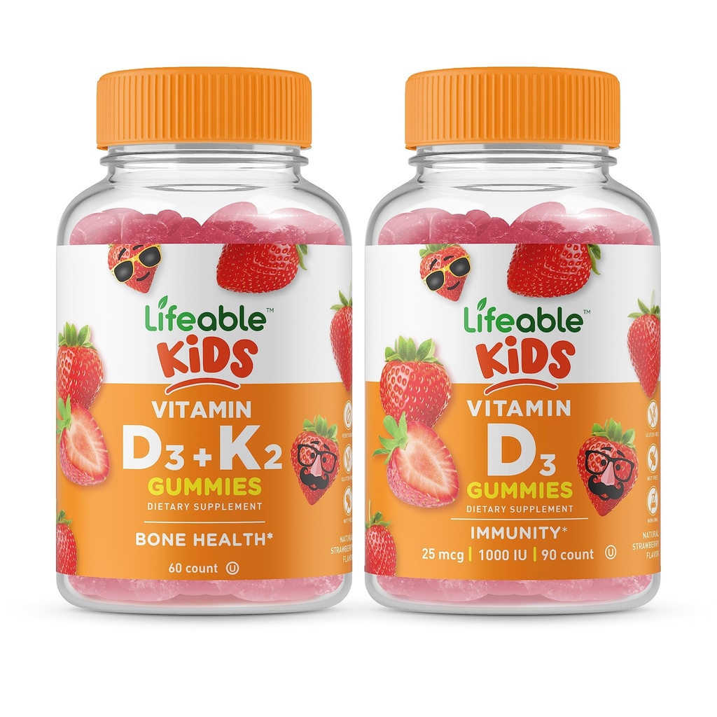 Vitamina vitale D3 + Vitamina K2 Bambini + Vitamina D Bambini, Gummies Bundle - Grande degustazione, Integratore di vitamina, Senza glutine, OGM libero, Gomma masticabile