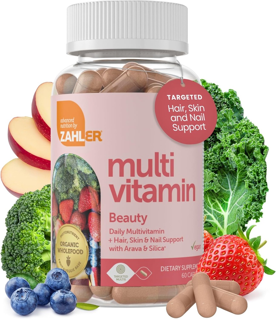 Zahler Multivitamin Beauty, Daily Multivitamin +Skin Hair and Nails Support, per donne e uomini con ferro, Kosher certificato, 60 capsule