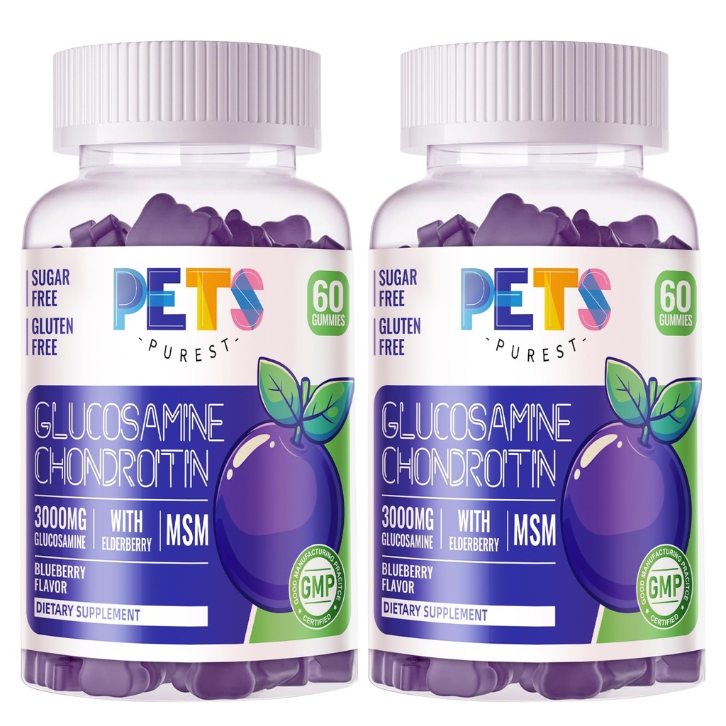 Animali Puri Glucosamina Condroitin Gummies con MSM & Elderberry Extra Forza - Supporto Congiunto, Antiossidante Integratore di Supporto Immune per Adulti, Uomini & Donne.(2 Confezione) Mirtillo