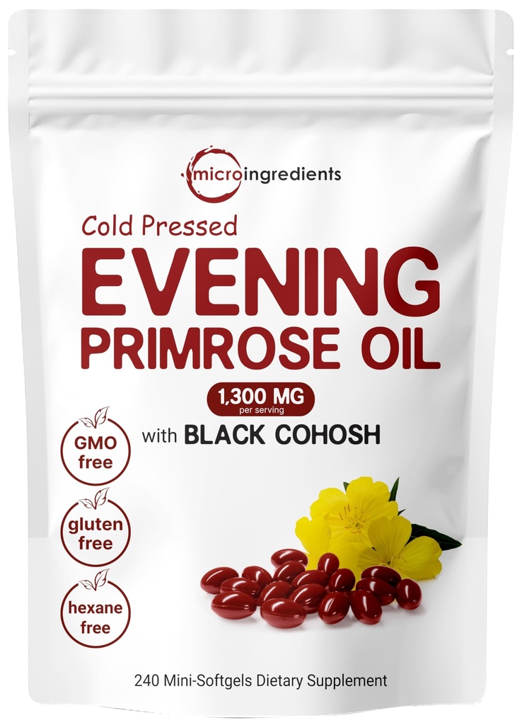 Micro Ingredienti Sera Olio di Primrose 1300mg Per Serving, 240 Softgels | Migliorato con 40mg Black Cohosh Extract, Pressato a freddo – 10% Active GLA, Non OGM, No Gluten, Facile da ingoiare