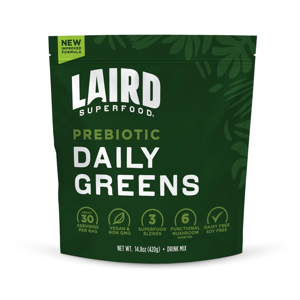 Laird Superfood Prebiotica Greens Polvere giornaliera – Vitamine essenziali & Minerali - Fibra prebiotica, Adaptogen e Frutta & Verdura – Supporta Gut Health – Non OGM, Vegan - 14.8 oz Bag, Confezione da 1