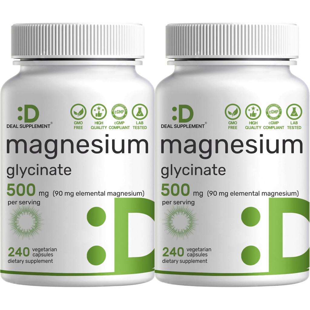 2 Confezione Magnesio Glycinate 500mg, 480 capsule vegetali | 100% Chelati per un facile assorbimento | Integratore minerale essenziale per il muscolo, il sonno e la salute del cuore