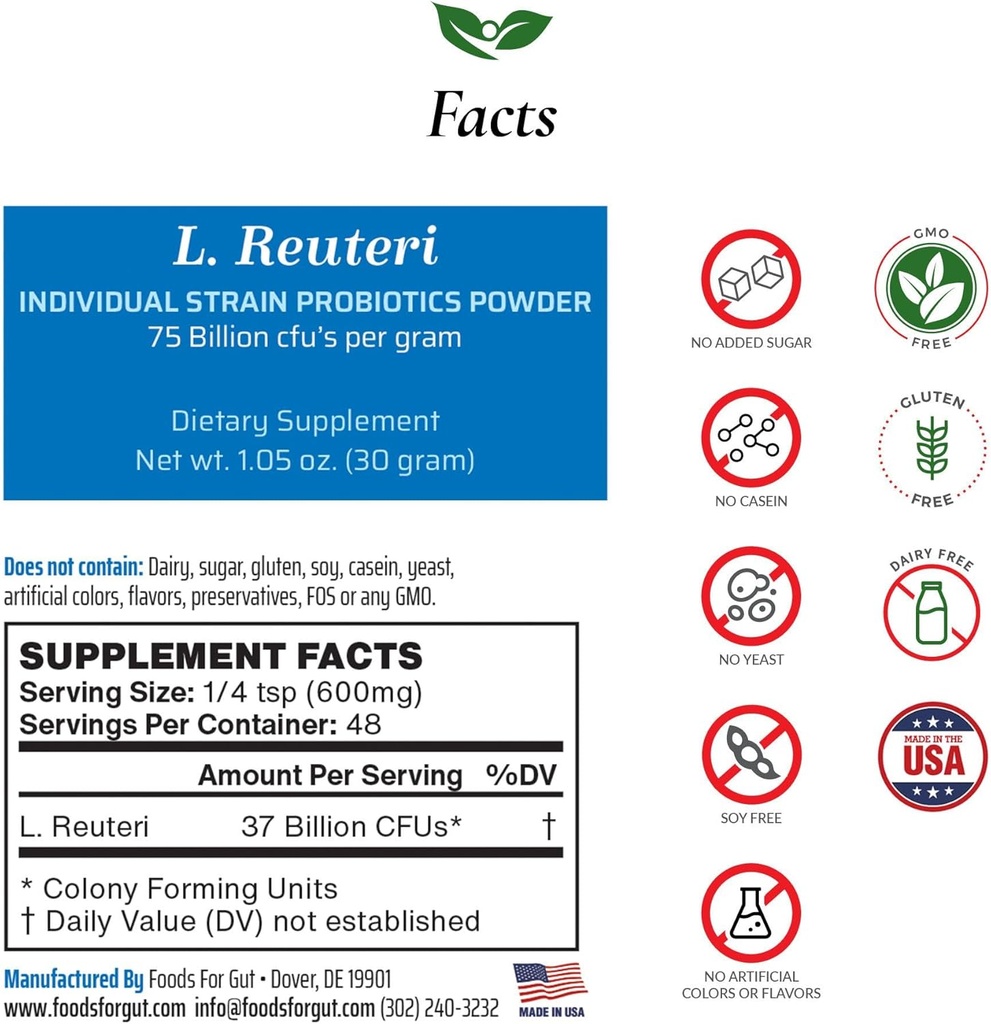 Lactobacillus Reuteri Probiotic Powder 75 Billion cfu's | Made in USA | No Additives | Direct from Manufacturer | No Third-Party Storage | Digestive & Immune Support | L. Reuteri | 30 Grammi (1.05 OZ)