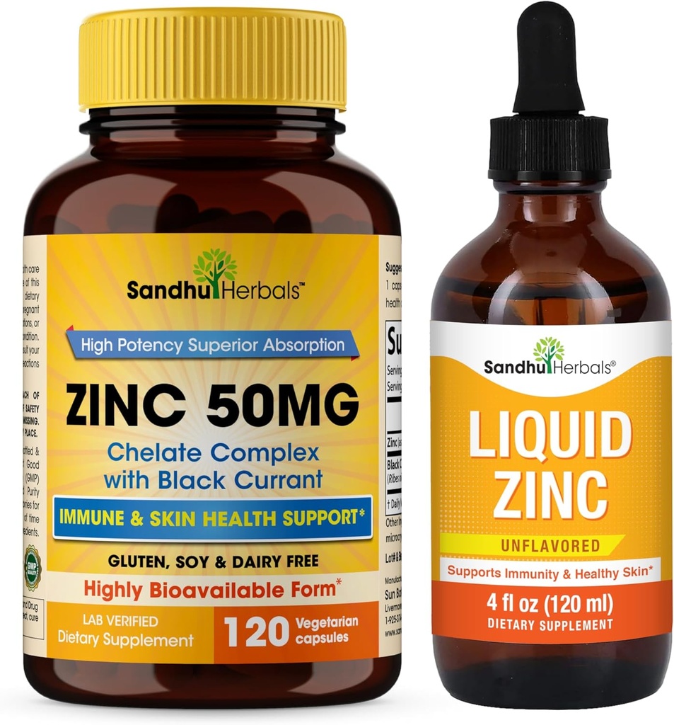 SANDHUHERBALS Zinc 50mg Capsule Bundle con Liquid Zinc Drops | Supporta Immune & Skin Health