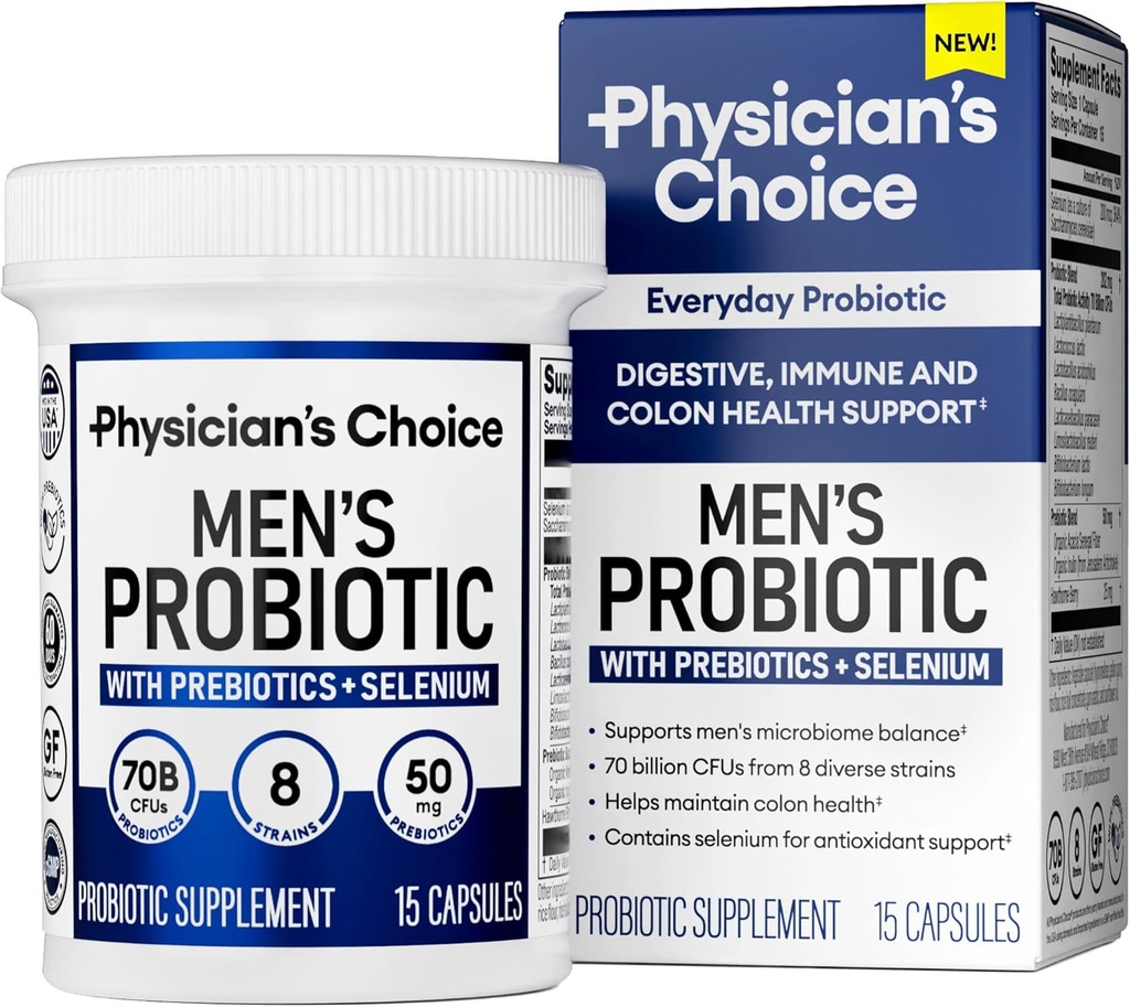 Probiotici Scelta del medico per gli uomini - 70 miliardi di CFU - 8 Strains - Selenio & Prebiotici - Supporta la salute digestiva, Microbiome, Colon, & Immune Health - Probiotico avanzato degli uomini - 15ct Sample Size