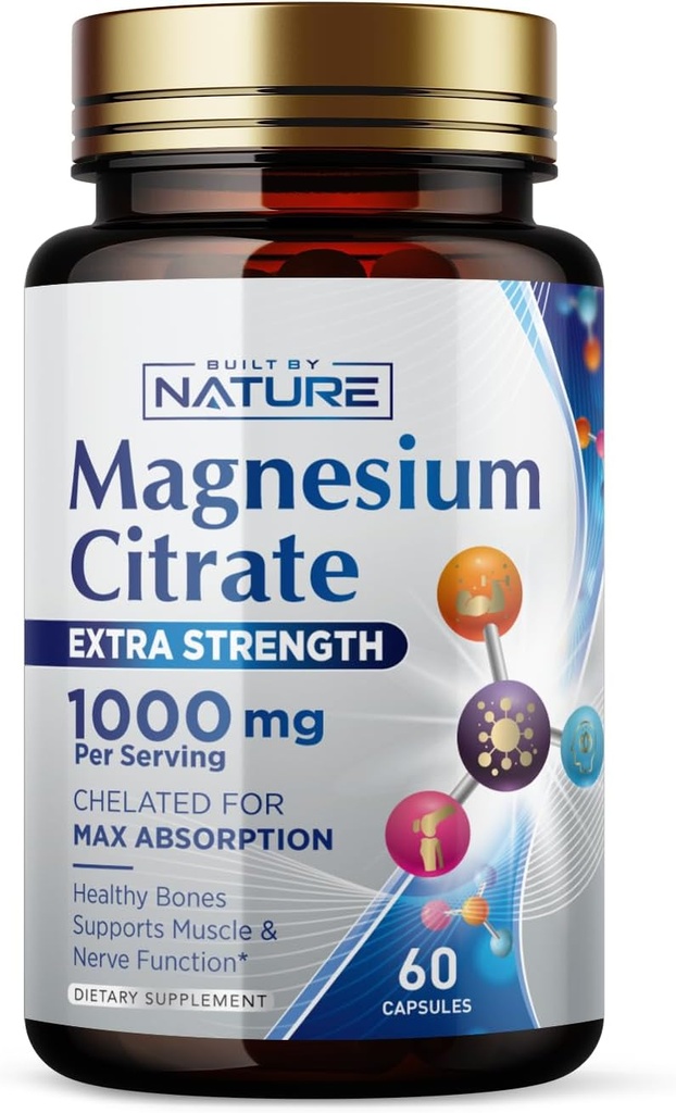 Magnesio Citrato 1000mg - Max Absorption & High Potency Magnesium Complex Supplemento per cuore, muscolo, nerve, Bone Health & Stress Relief - Non-GMO, senza glutine - 60 capsule vegan