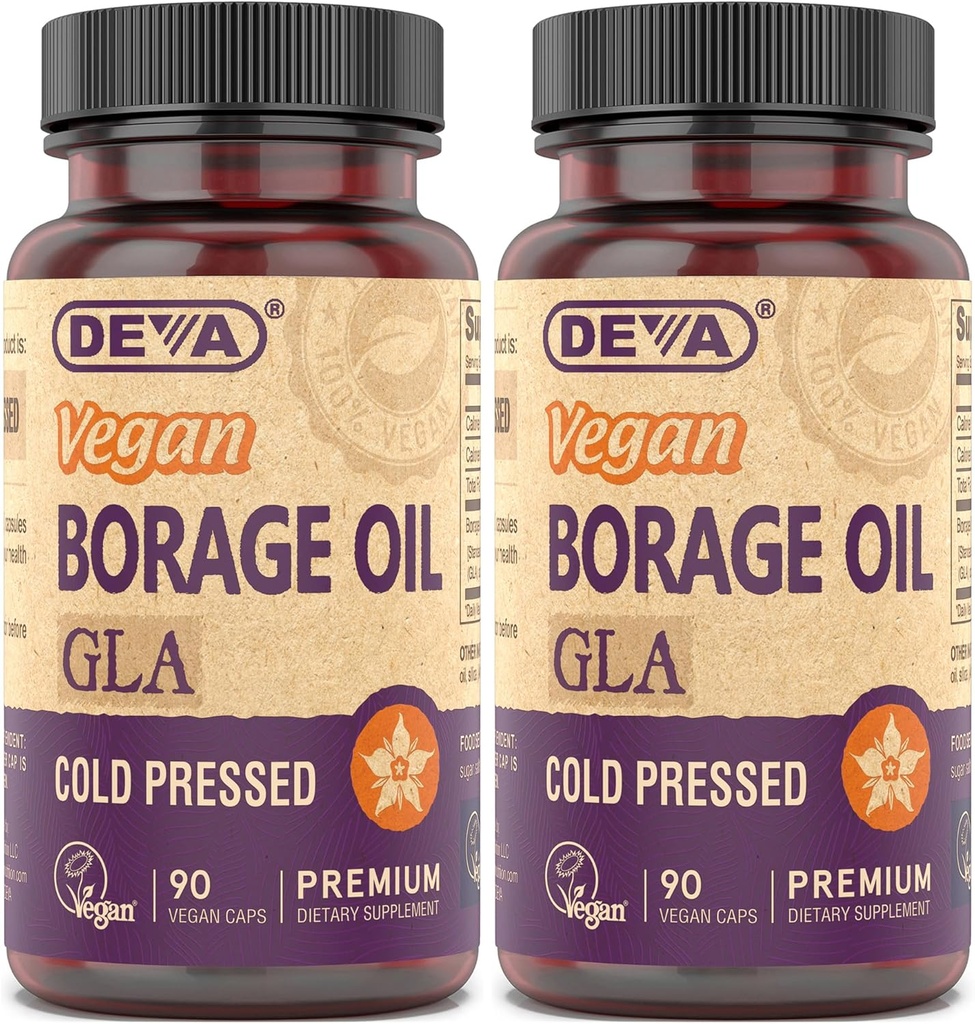 DEVA Vegan Vitamine, Olio di Boraggio 500mg, Fonte di Omega-6 Grassty Acid GLA (acido linolenico Gamma), Pressed & non raffinato, 90 compresse (pacchetto di 2)