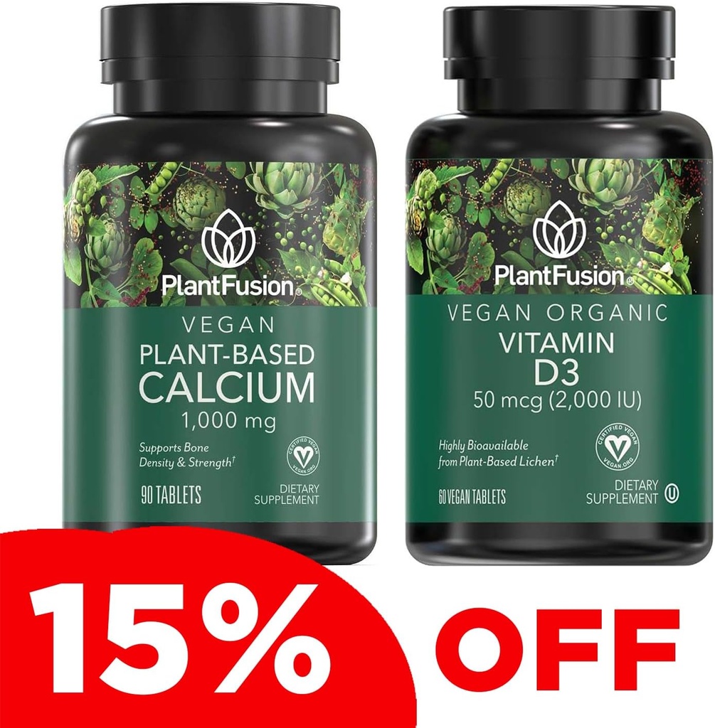 PlantFusion Vegan Calcium & D3 Bundle - Premium Plant Based Calcium 1000mg e D3 2000IU Supplementi per Bone Crescita, Densità e Supporto Immune