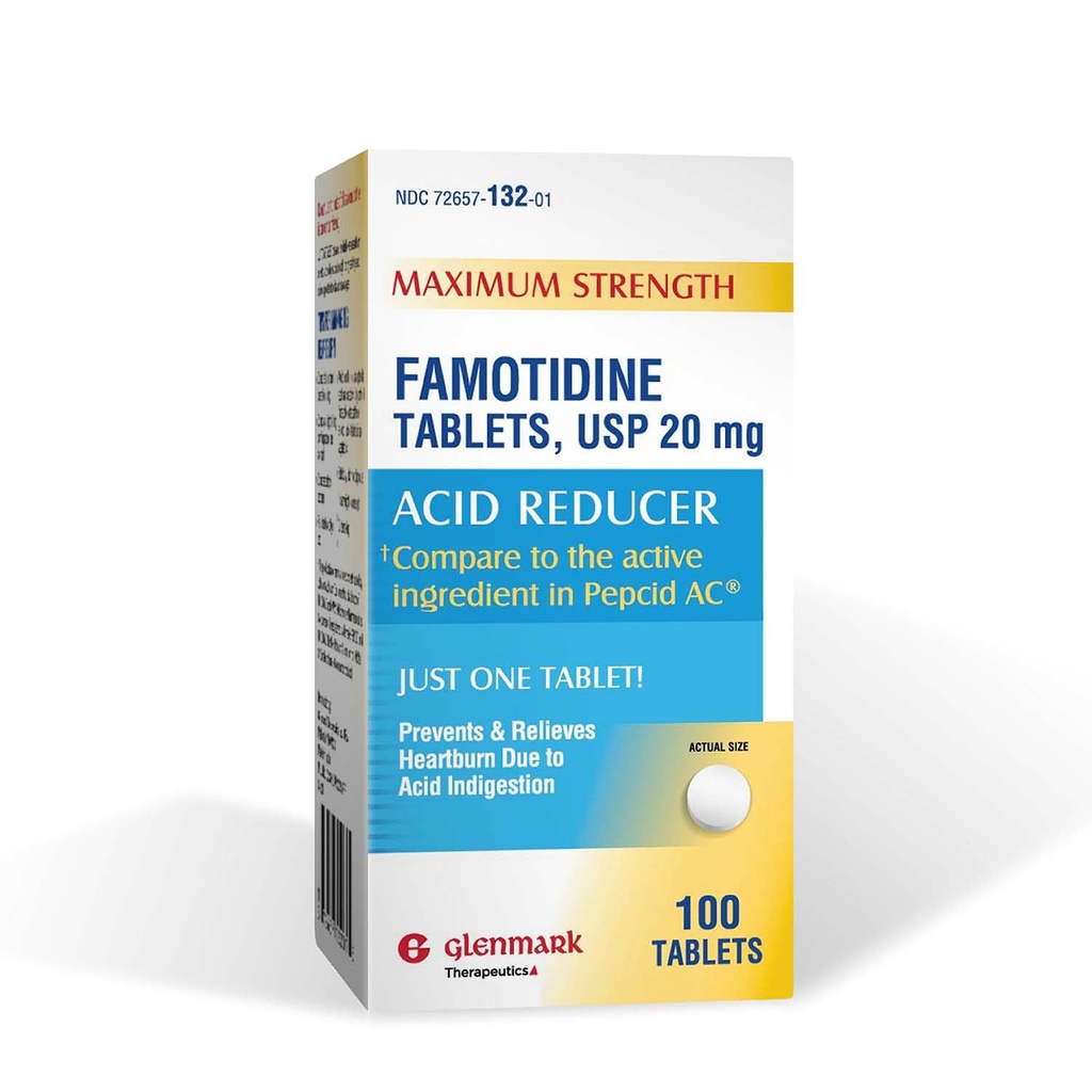 Compresse di Famotidina di resistenza massima di Glenmark, 20 mg, Riduttore di acido per il sollievo da bruciore di stomaco, 100 Conte