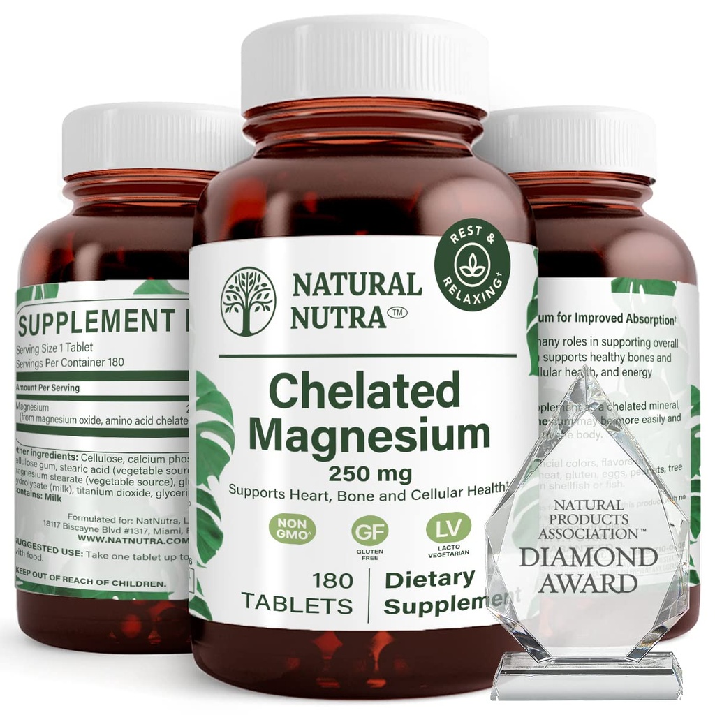 Natural Nutra Chelated Magnesium Oxide 250 mg - Alto assorbimento per le ossa forti, salute del cuore, salute dentale, energia Boost, senza glutine, non OGM, 180 compresse in BPA-Free bottiglie di vetro riciclabile