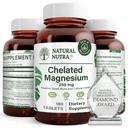 Natural Nutra Chelated Magnesium Oxide 250 mg - Alto assorbimento per le ossa forti, salute del cuore, salute dentale, energia Boost, senza glutine, non OGM, 180 compresse in BPA-Free bottiglie di vetro riciclabile