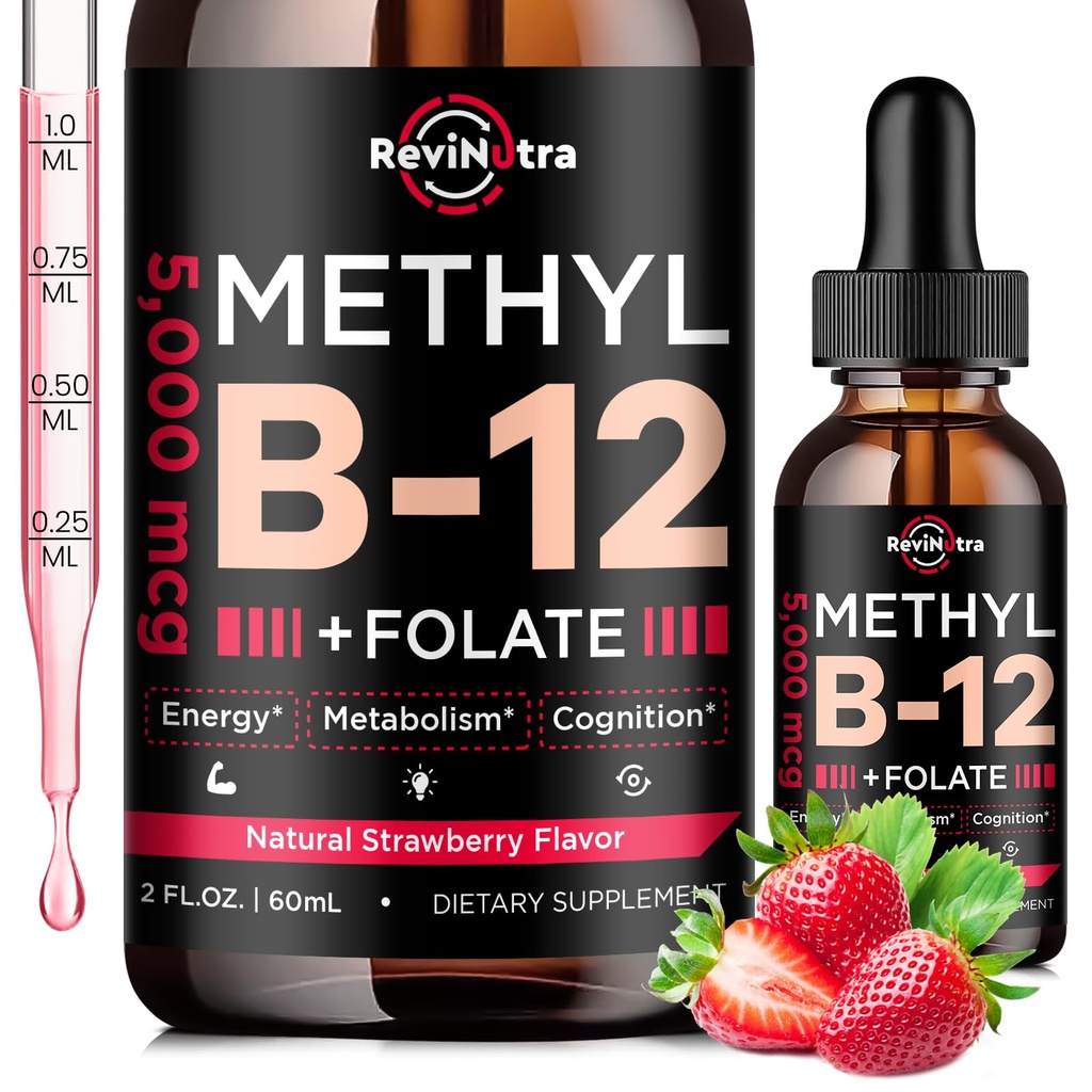 Vitamina B12 gocce liquide, B12 vitamine 5000 mcg, vitamina B supplemento complesso con Methylcobalamin B12 Sublingual, vitamina B6, Folate per energia, cervello, salute del cuore, Vegan fragola Flavor 2 Fl Oz