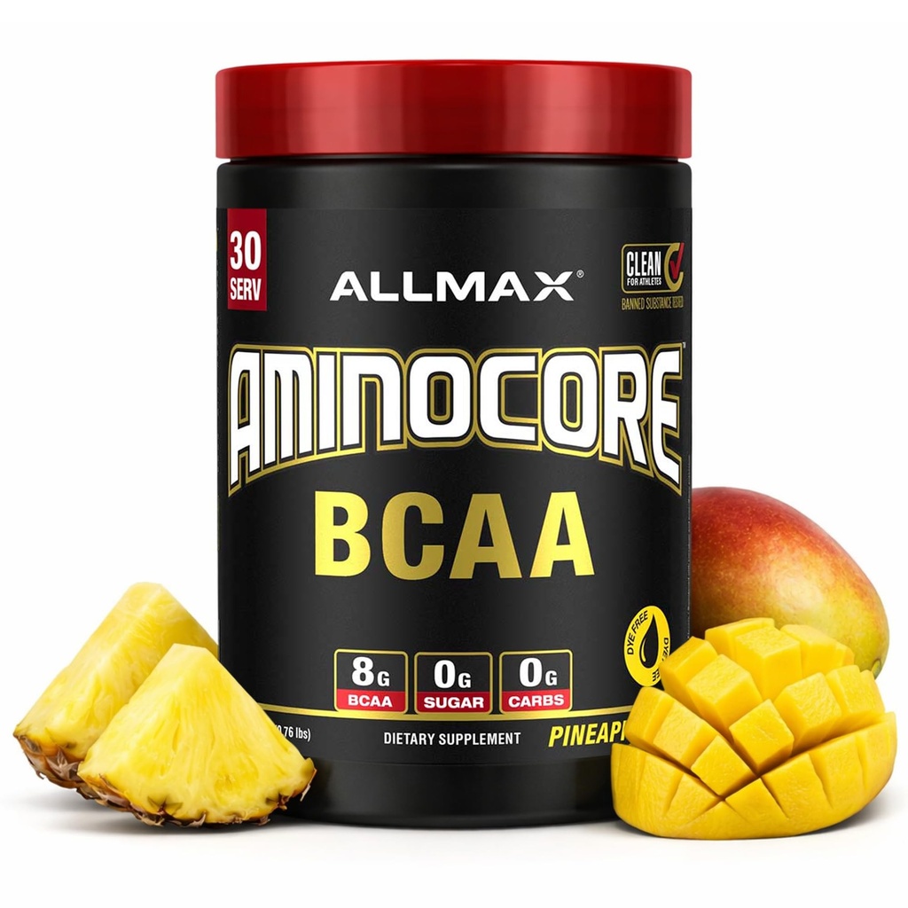 ALLMAX Nutrition AMINOCORE BCAA Powder, 8.18 Grammi di aminoacidi, Intra e Post Workout Recovery Drink, Gluten Free, Ananas Mango, 315 g