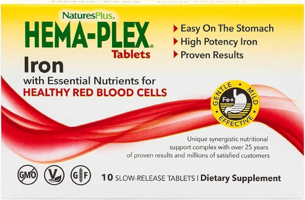 NaturesPlus Hema-Plex Iron - 10 compresse Slow-Release - 85 mg Ferro Chelato - Totale Sangue - con Vitamina C & Bioflavonoidi - Vegan, Gluten Free - 10 Serve