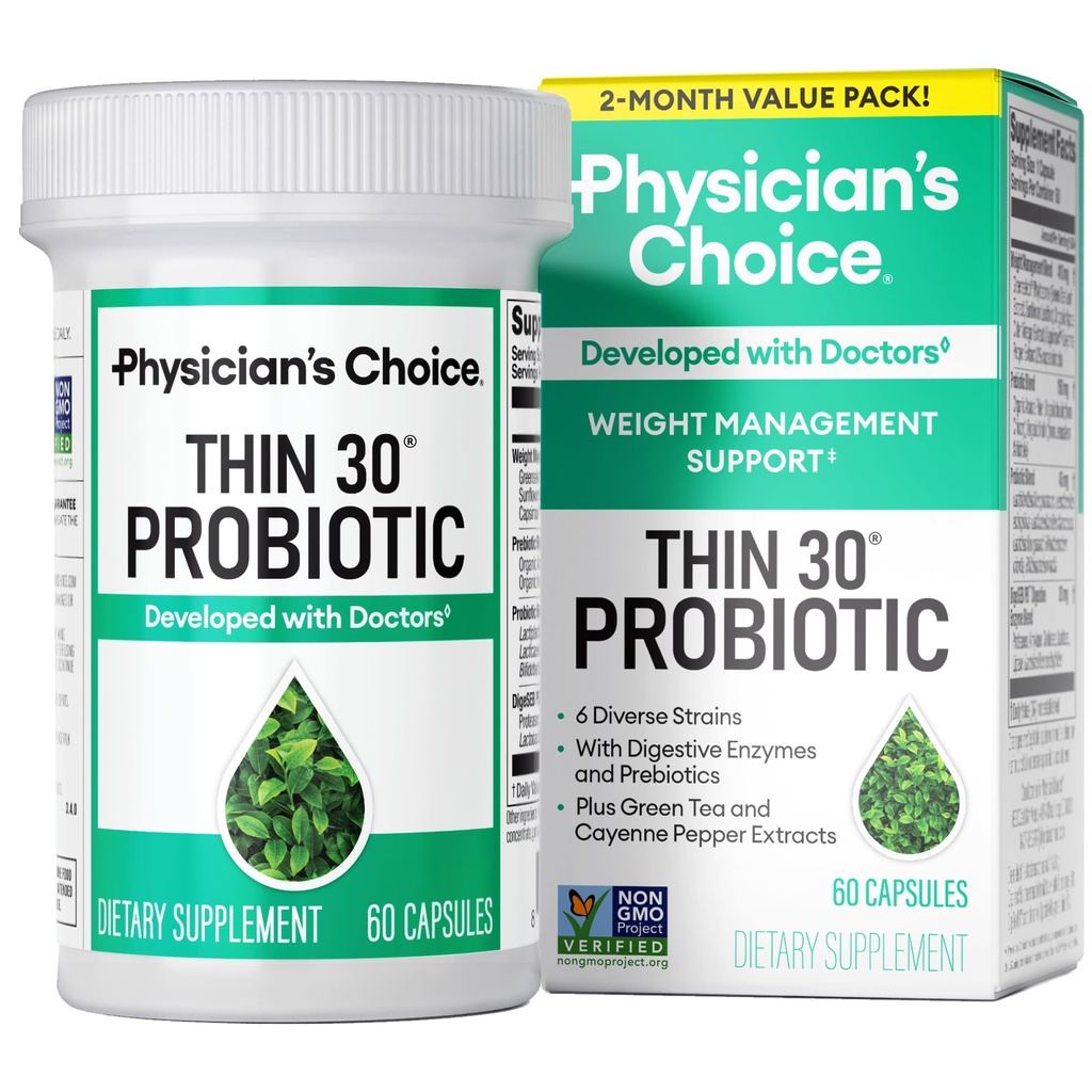 Probiotici CHOICE del medico per la gestione del peso &amp; Bloating - 6 Strains Probiotici - Prebiotici - ingrediente chiave Cayenne - Supporti Gut Health - Gestione del peso per le donne & uomini - Tè verde - 60 CT