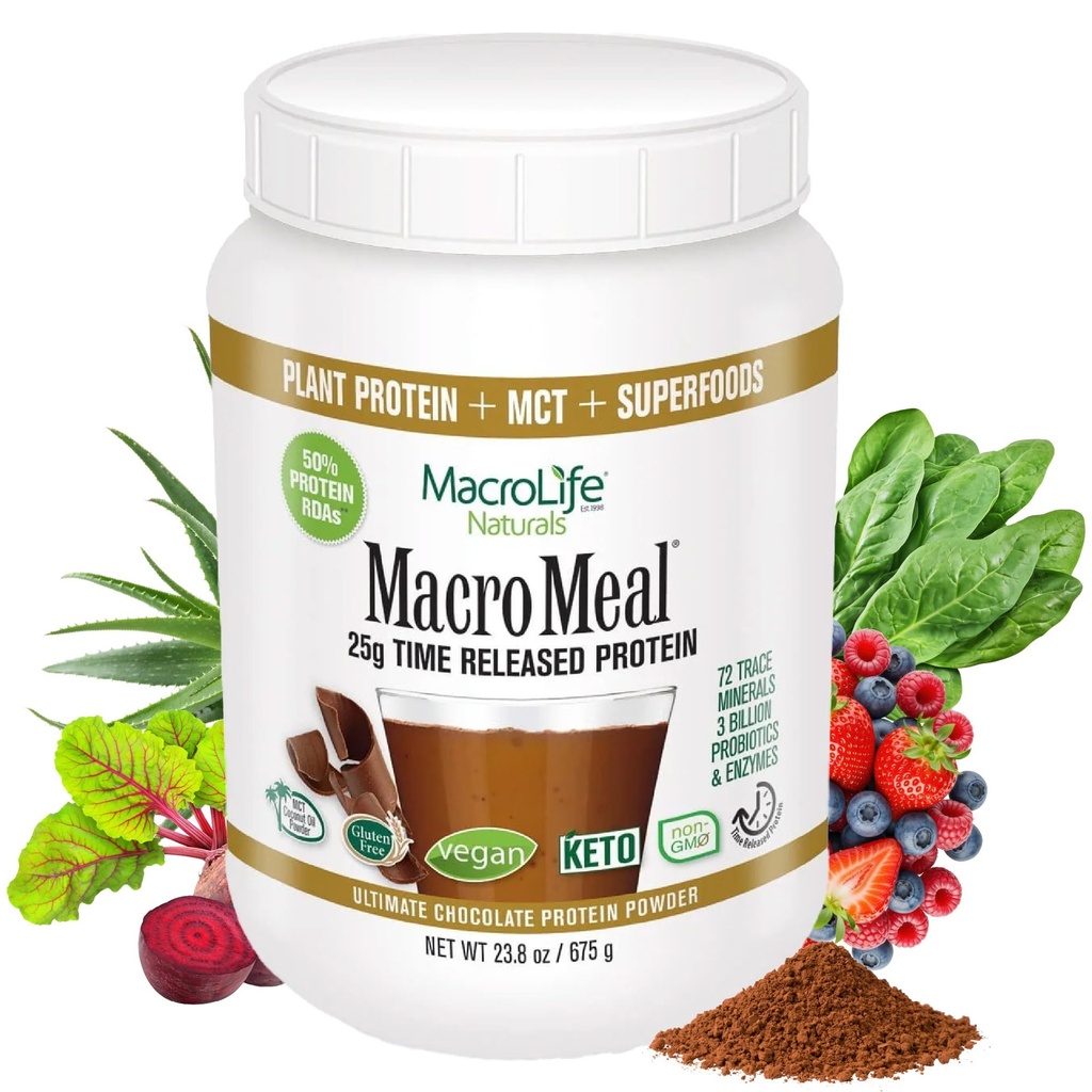 MacroLife Naturals MacroMeal Vegan Protein Powder Superfood Greens Probiotics + Fibra, Immune Energy Digestive Daily Essentials for Women & Men Gluten-Free - 23.8oz (15 Servings) Chocolate