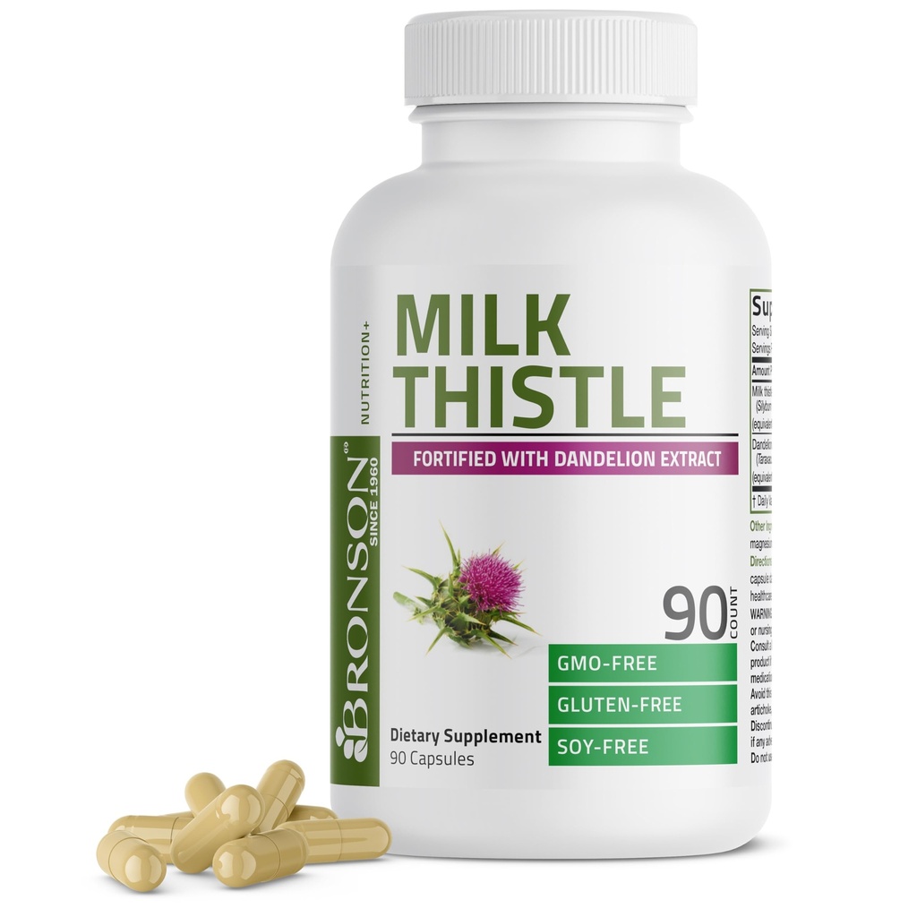 Bronson Latte Thistle Silymarin Marianum & Dandelion Extract Liver Health Support, Supporto antiossidante, Detox, 90 capsule
