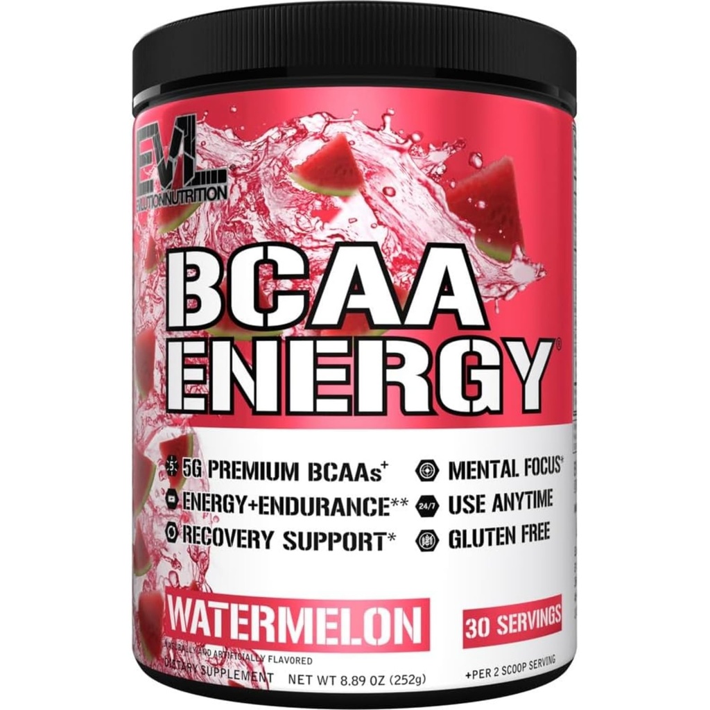 EVL BCAAs Aminoacidi Polvere - BCAA Energy Pre Workout Polvere per il recupero muscolare magra crescita e resistenza - Reidratando Post Workout Recovery Drink con caffeina naturale - Watermelon