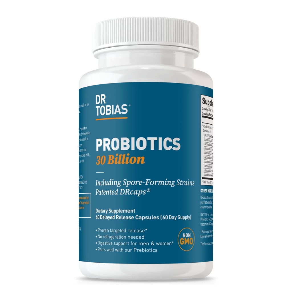 Dr. Tobias Probiotics 30 miliardi, 10 Strains, 30 miliardi di CFU, Probiotici di rilascio mirati per le donne e gli uomini, Supporta la salute digestiva, Shelf-Stable, Non-OGM, 60 capsule, 60 Serve