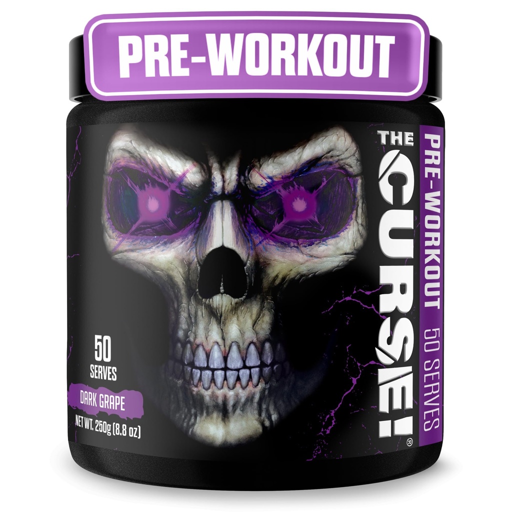JNX SPORTS The Curse! Polvere pre allenamento per uomini e donne, caffeina, beta-alanina, creatina, L-citrullina, 50 porzioni, aroma scuro dell'uva – Aumentare l'energia, resistenza e messa a fuoco