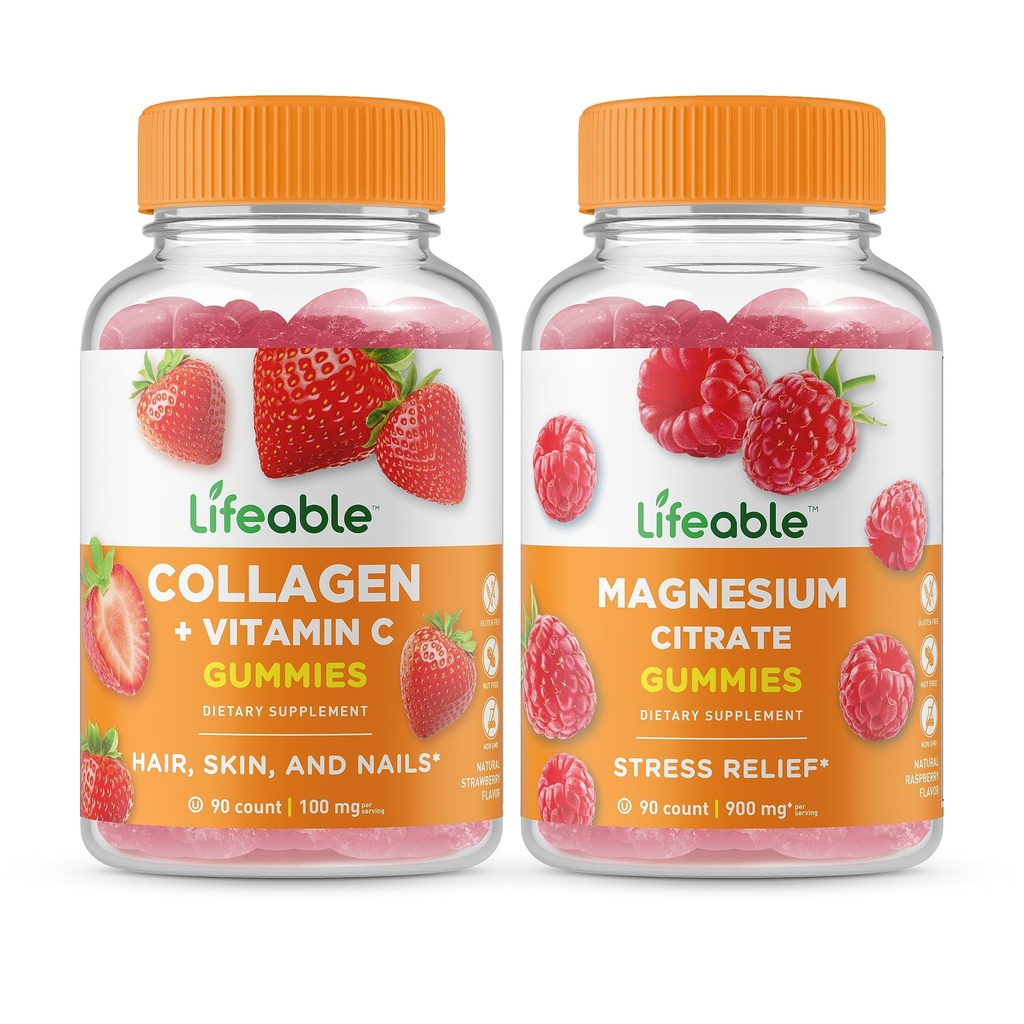 Collage Lifeable & Vitamina C + Magnesio, Gummies Bundle - Grande Degustazione, Integratore di vitamina, Senza glutine, OGM libero, Gomma masticabile