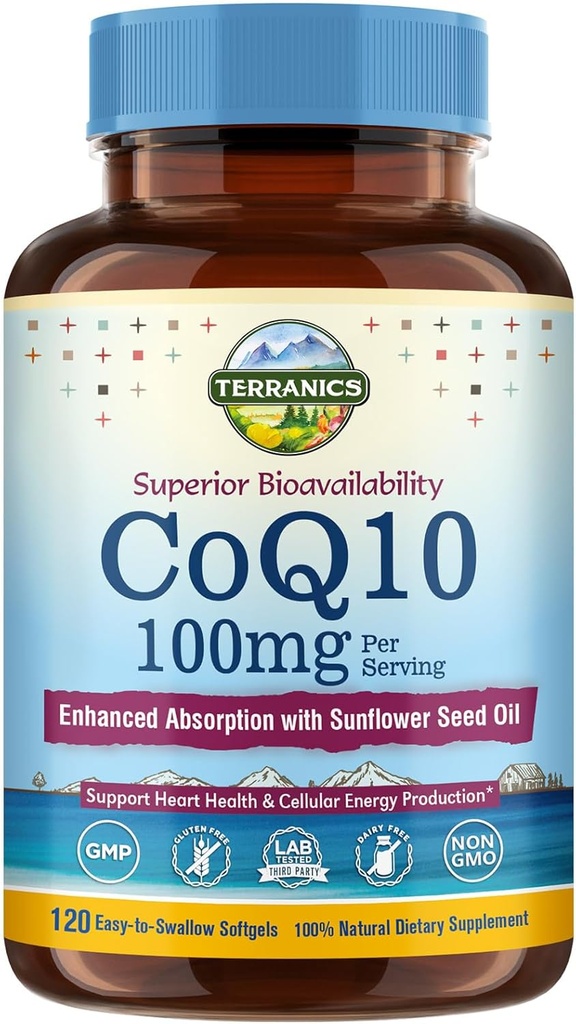 Terranics CoQ10 100mg, 120 Softgels, Assorbimento con Olio Extra Vergine di Oliva, Salute e Produzione di Energia