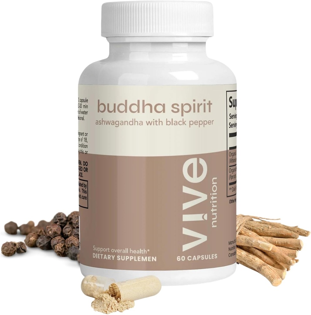 Buddha Spirito Ashwagandha Capsule con Pepe Nero - 100% Organico, Vegan & Gluten-Free - 60 Conte, 30-Day Supply