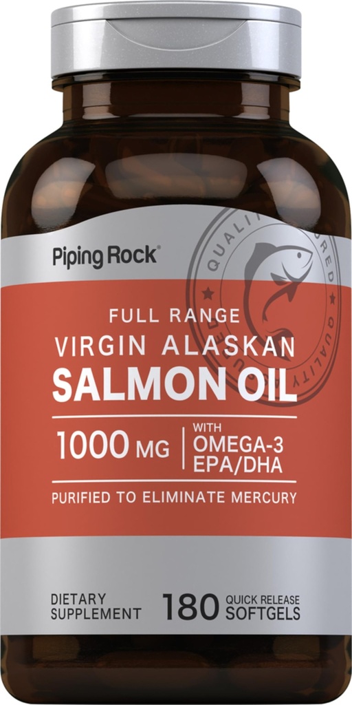 Piping Rock Wild Alaskan Salmon Fish Oil | 1000mg | 180 Softgels | Integratori per gli esseri umani | Omega-3, EPA e DHA | Non OGM e Gluten Free