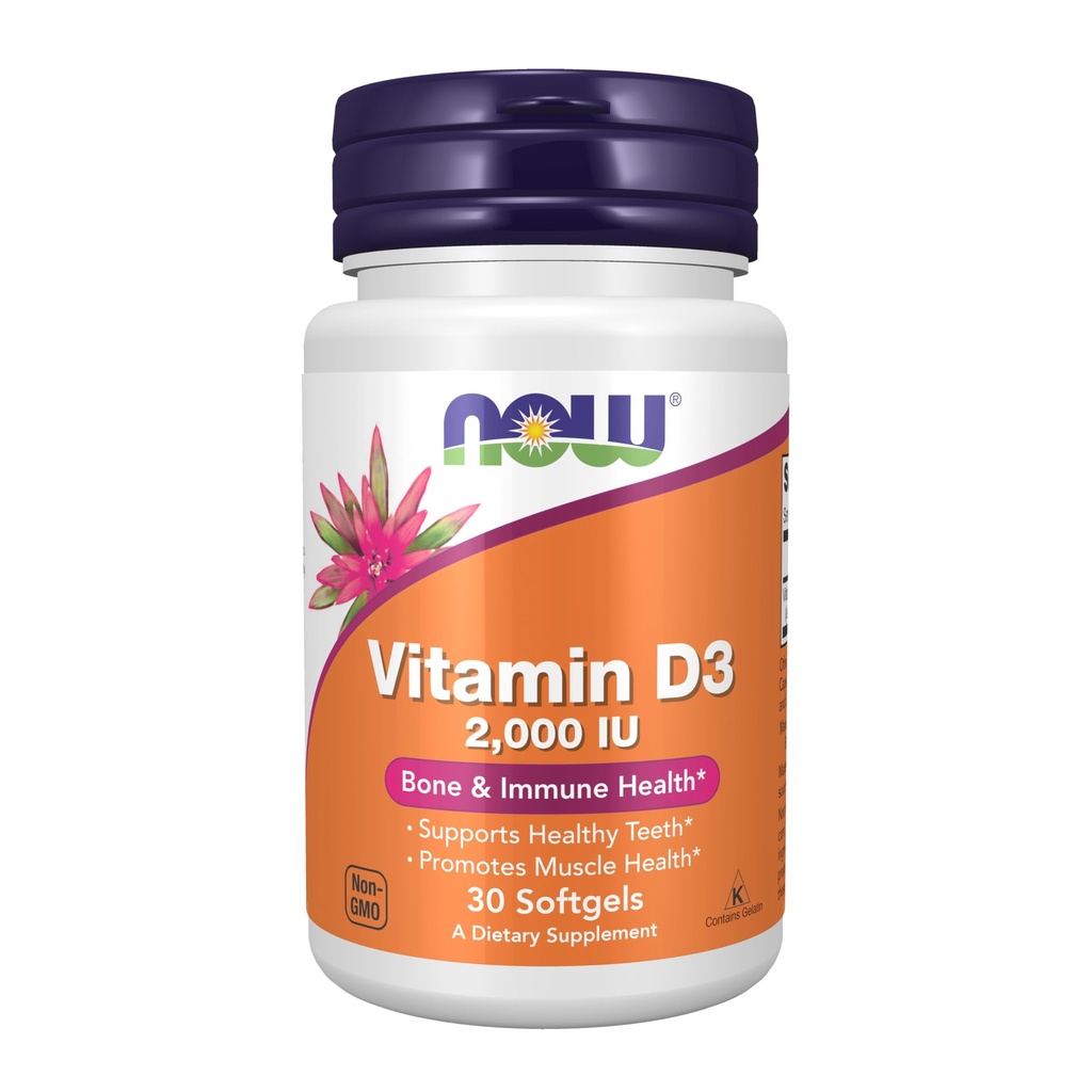 NOW Integratori alimentari, Vitamina D-3 2000 IU, Alta potenza, Supporto strutturale*, 30 Softgels