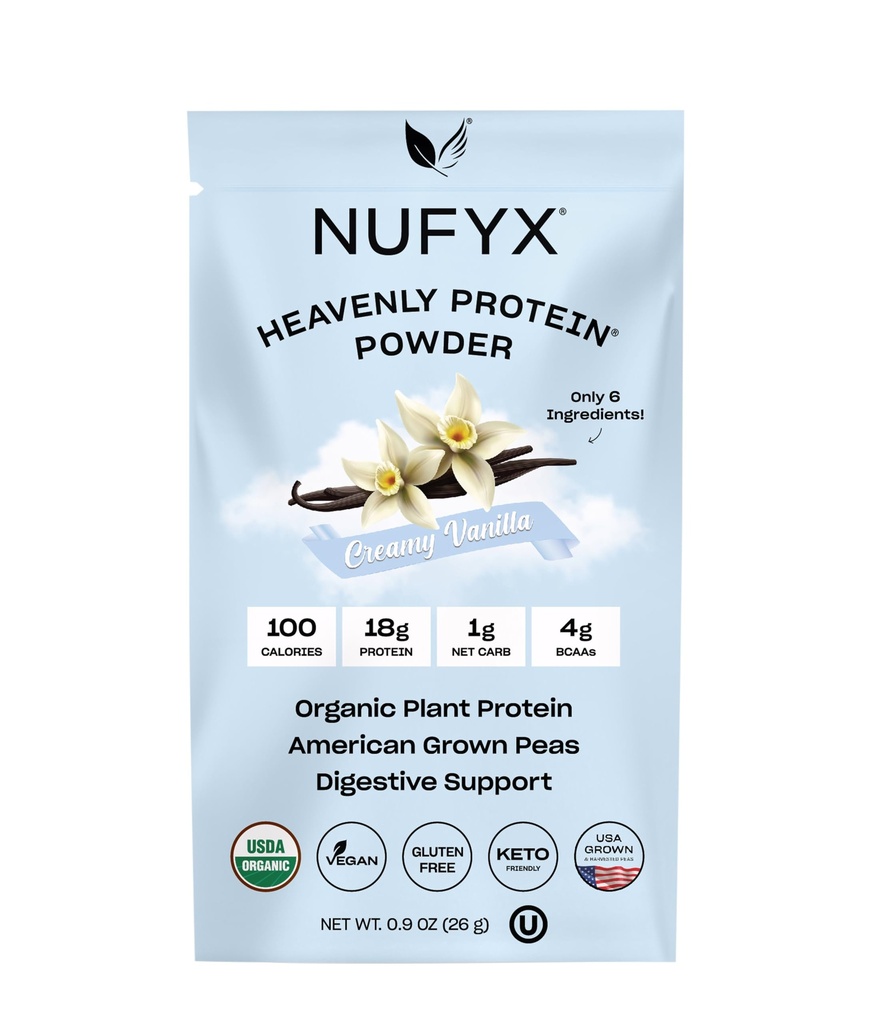 NUFYX® • Polvere Heavenly Protein® • Piselli coltivati al 100% biologici al mondo • Vegan • Gluten Free • Carb basso (Vanilla sana, Packet)