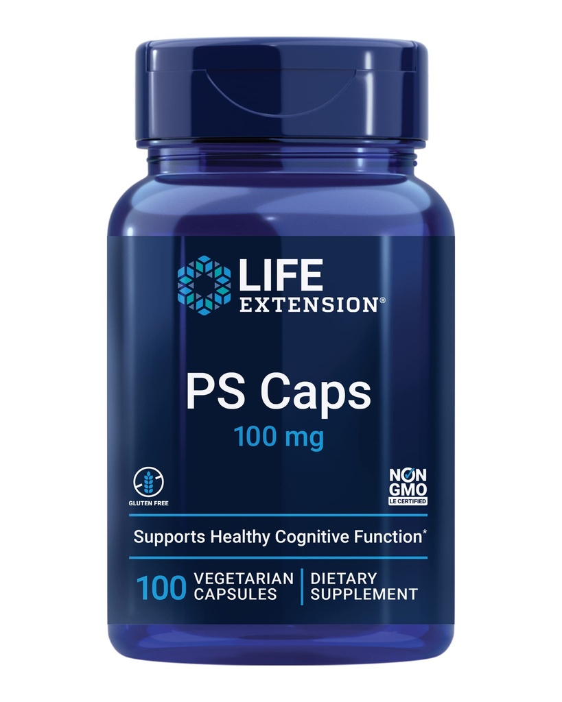 Prolungamento della vita PS Caps, fosfatidilserine, per prestazioni cognitive, senza glutine, non OGM, vegetariano, 100 capsule