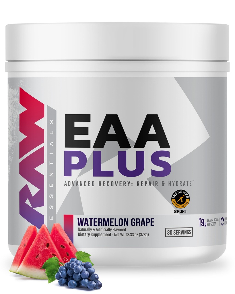 RAW EAA Plus, polvere di aminoacidi, anguria (30 Serve) - Pre polvere di energia di aminoacidi di allenamento per Endurance avanzata, recupero e crescita muscolare magra - Supplemento di aminoacidi BCAA per uomini e donne