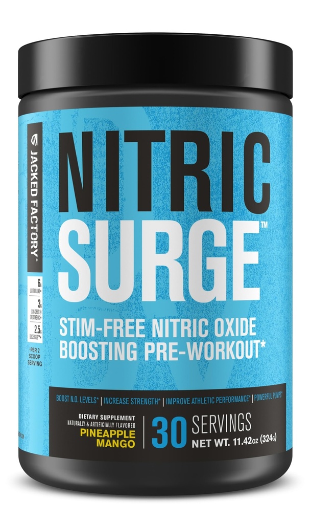 Jacked Factory Nitric Surge Stim Free Pre Workout Powder - Caffeine-Free Nitric Oxide Supplement w/Con-Cret Creatine, L Citrulline, & GlycerSize Glycerol - Ananas Mango, 30 Servings